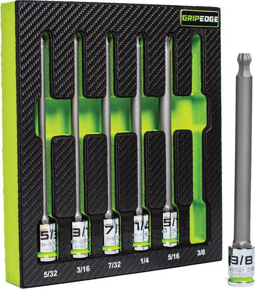 GripEdge BHBS6LS 6-Pc 3/8″ Drive 6″ Long SAE RPT Ball Hex Driver Set, 5/32″-3/8″